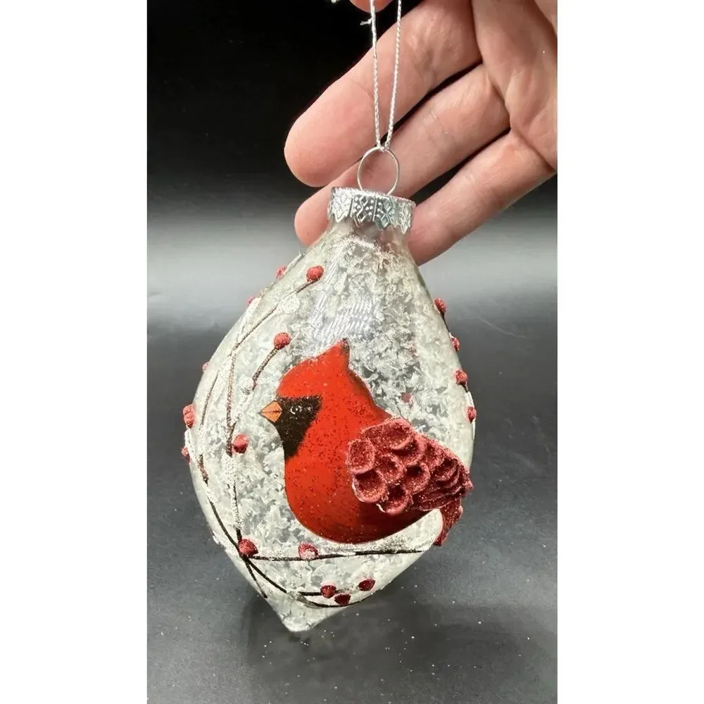 Pier 1 Hand Blown Glass Red Cardinal Tear Drop Christmas Ornament -Lo16